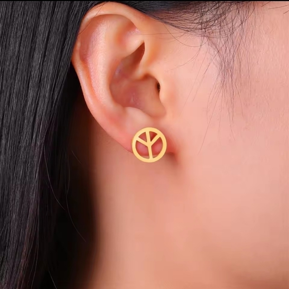 New Gold Peace Sign Stainless Steel Stud Earrings – Minimalist Boho Style